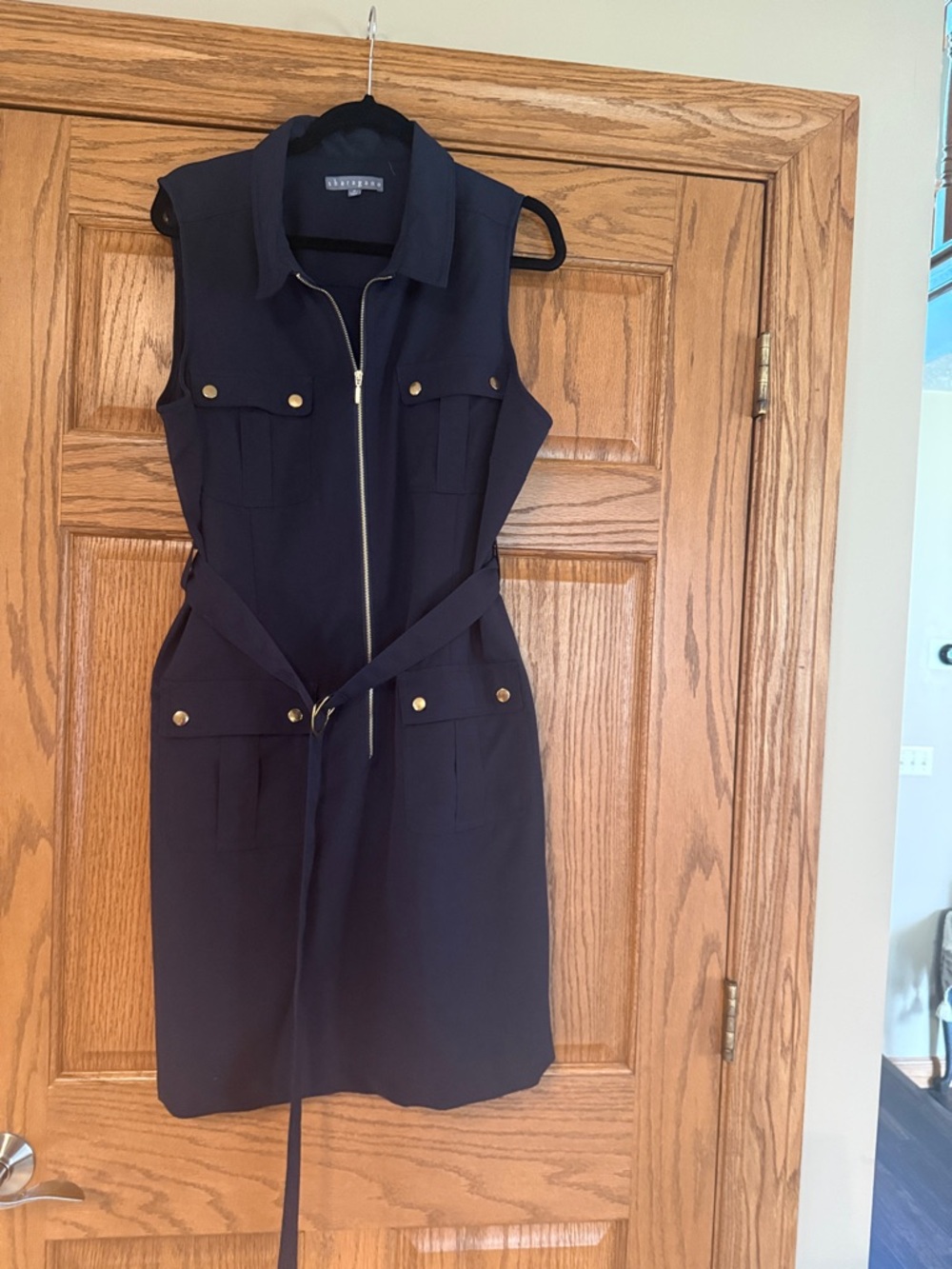 Sharagano Navy Zip-Front Sleeveless Shirt Dress with Belt and Gold Buttons